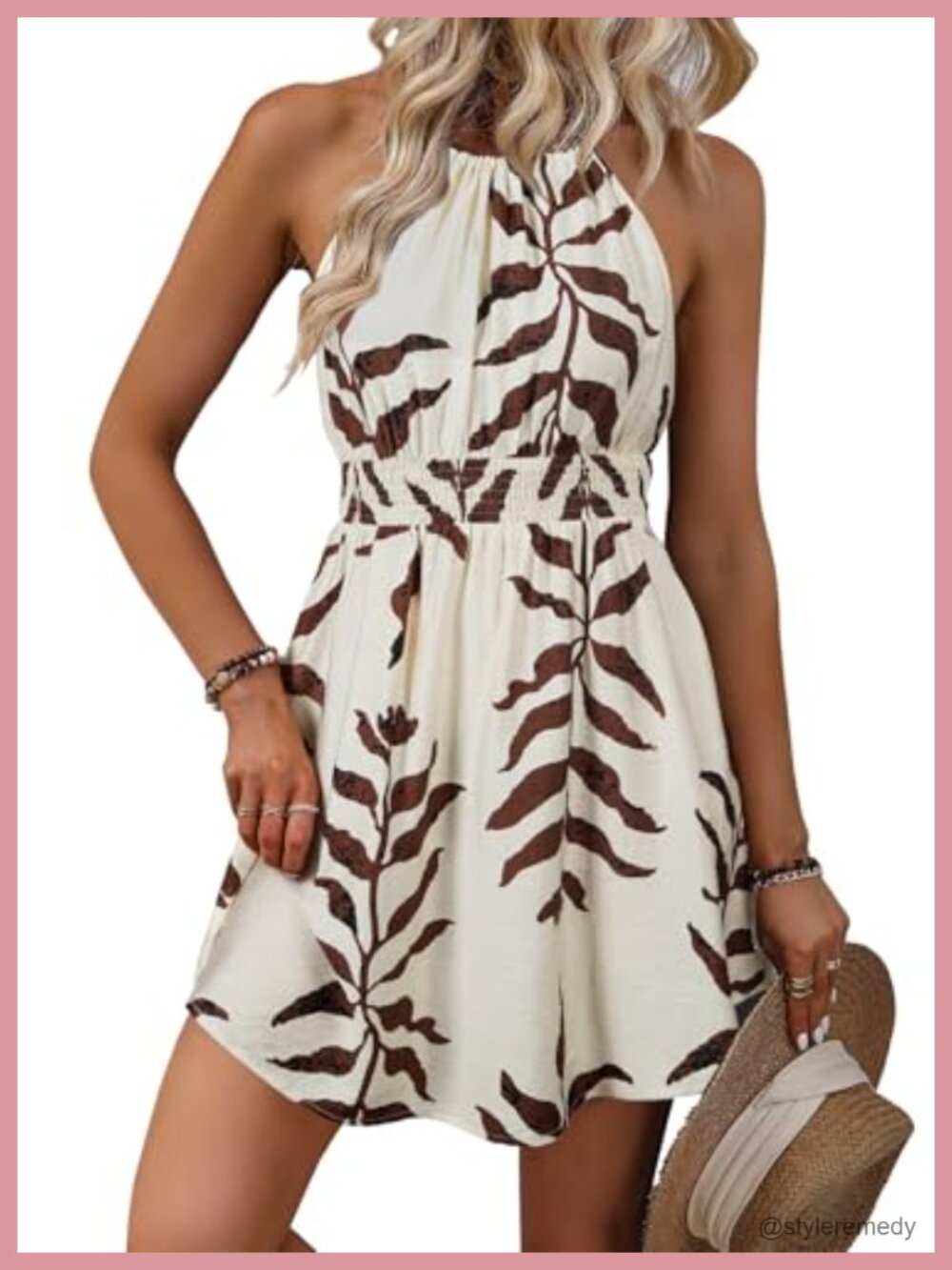 Halter Neck Smocked A Line Floral Mini Dress with Pockets